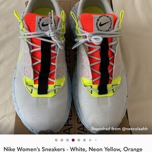 Nike Women's Sneakers - White, Neon Yellow, and Orange Accents